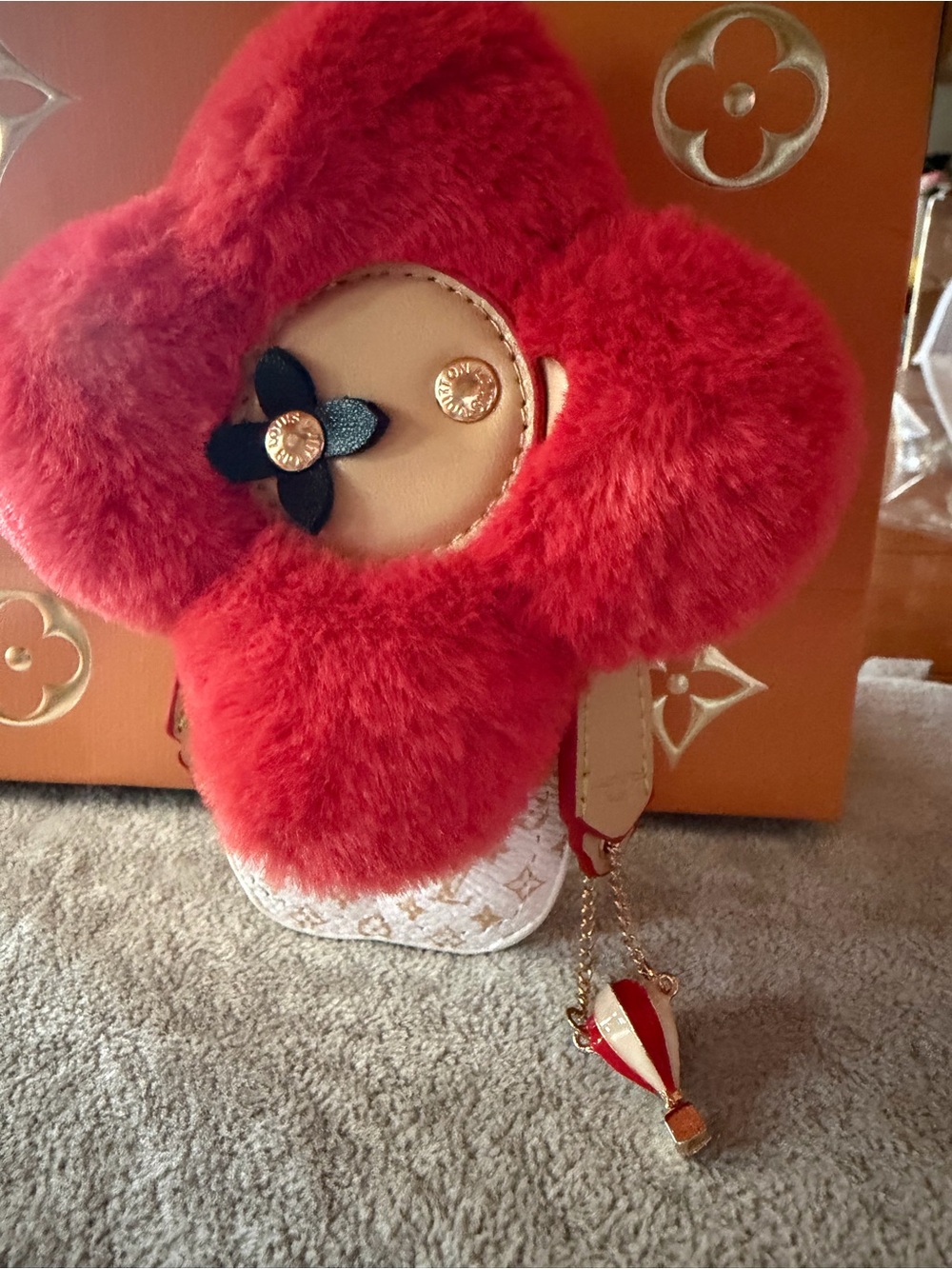 Louis Vuitton Red Flower Fur Charm with White Monogram Accent